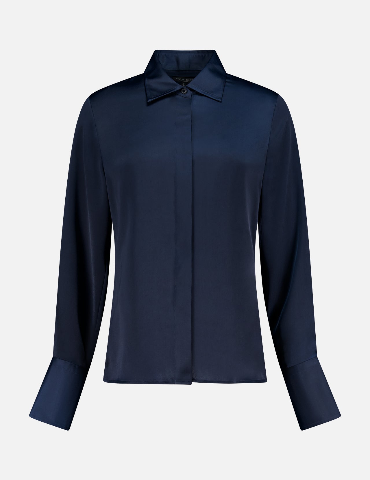 The RAG & BONE Venus Popover Removable Cami Blouse is a dark navy satin, long-sleeved top with a classic collar, concealed button placket, and removable camisole lining, shown on a plain white background.