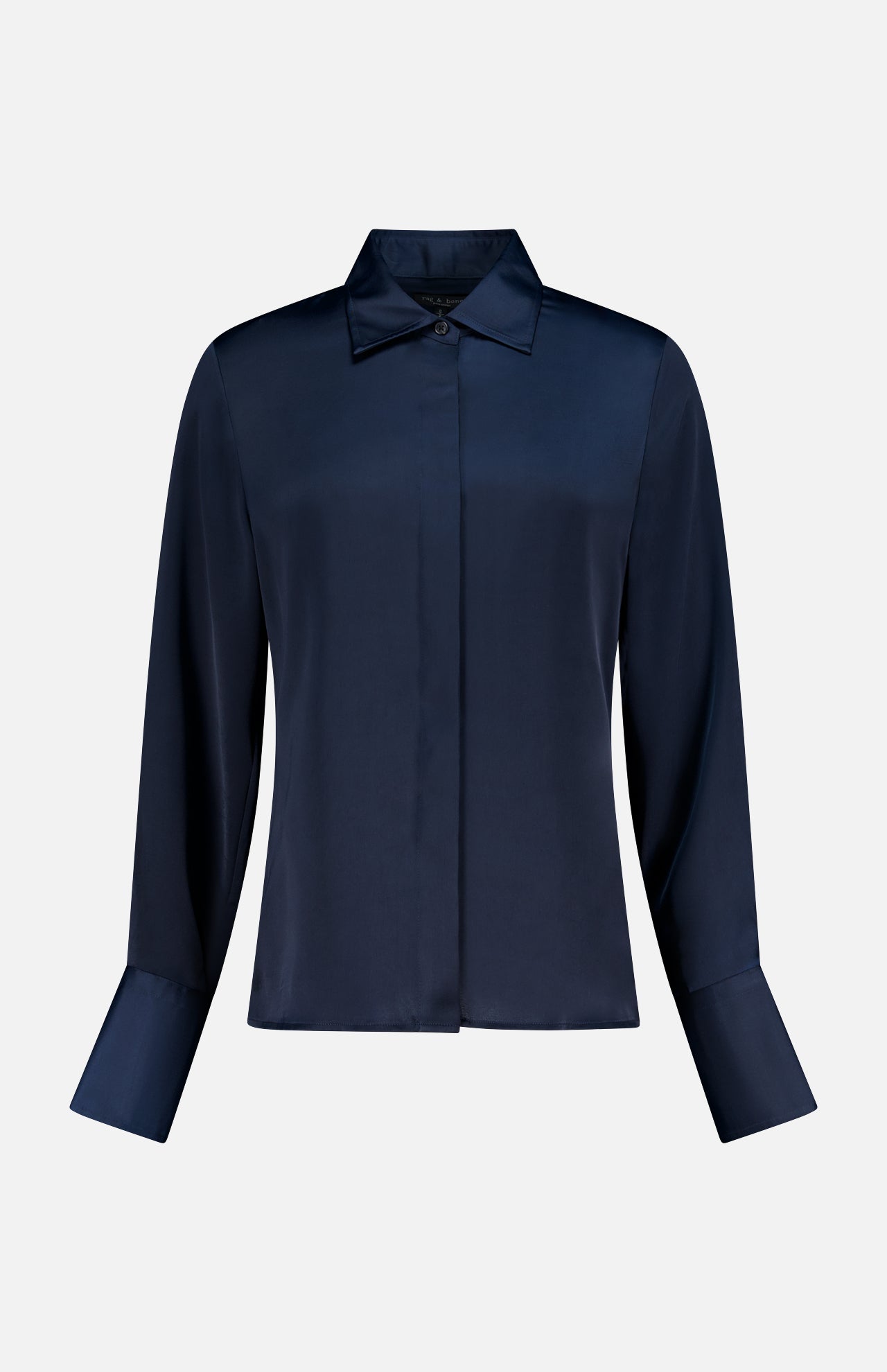 The RAG & BONE Venus Popover Removable Cami Blouse is a dark navy satin, long-sleeved top with a classic collar, concealed button placket, and removable camisole lining, shown on a plain white background.