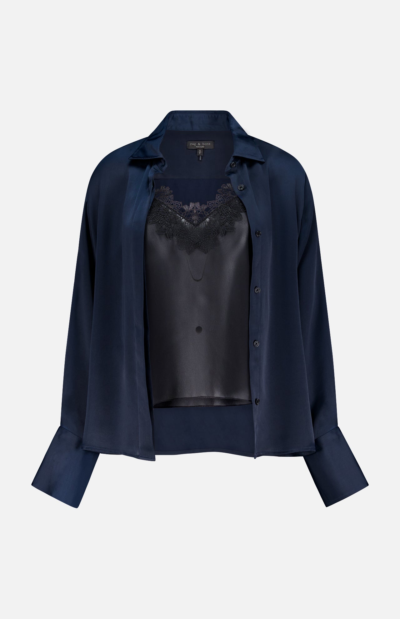 The RAG & BONE Venus Popover Removable Cami Blouse in dark navy satin, featuring a black lace-trimmed camisole, is displayed against a plain white background.