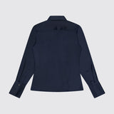 The Venus Popover Removable Cami Blouse by RAG & BONE is shown from the back in dark navy satin, featuring long sleeves, a classic collar, buttoned cuffs, and a removable camisole lining against a plain light gray background.