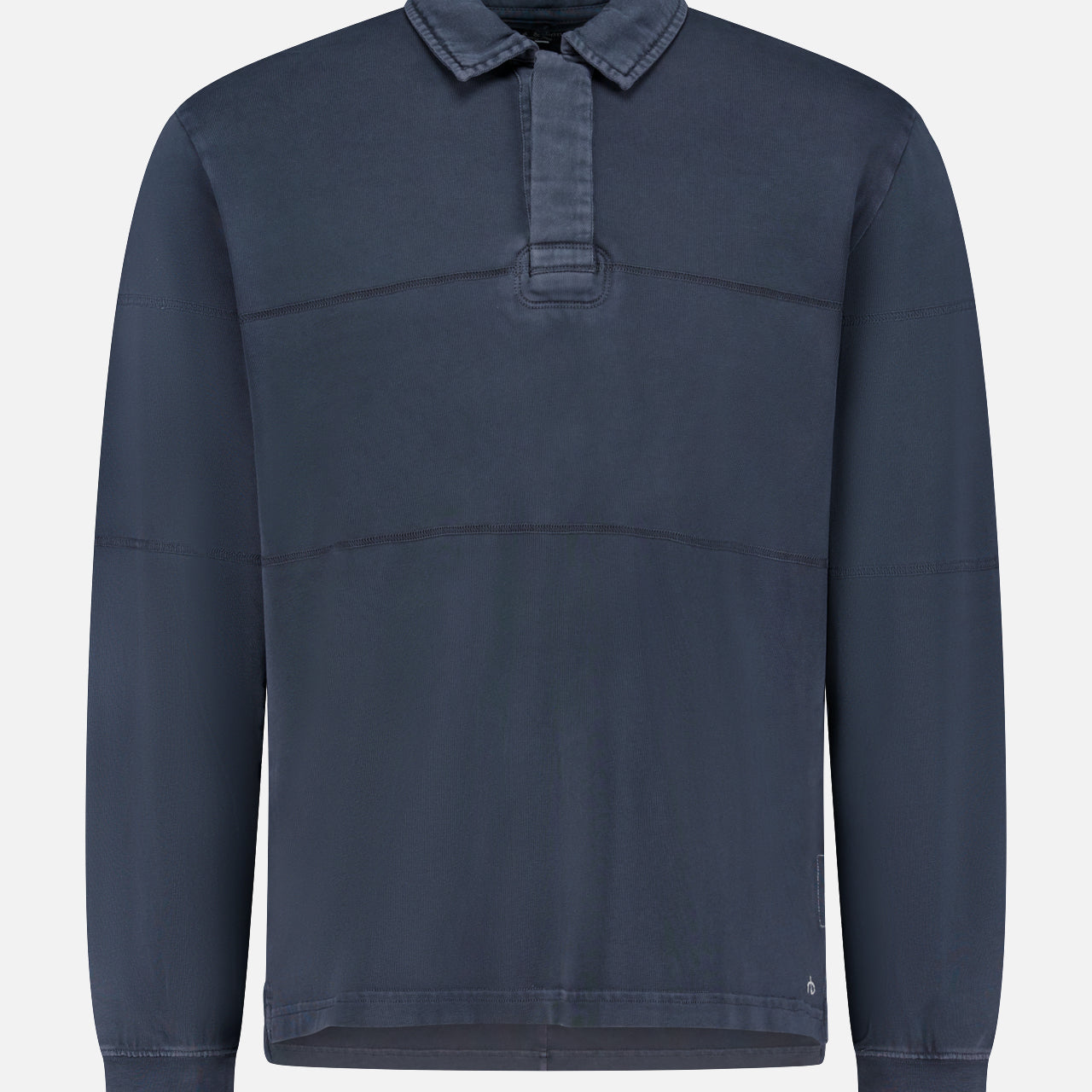 The RAG & BONE Washed Rugby Long Sleeve Polo Shirt features a dark blue cotton fabric, collared pullover design, short button placket, and subtle horizontal seams, shown against a plain white background.