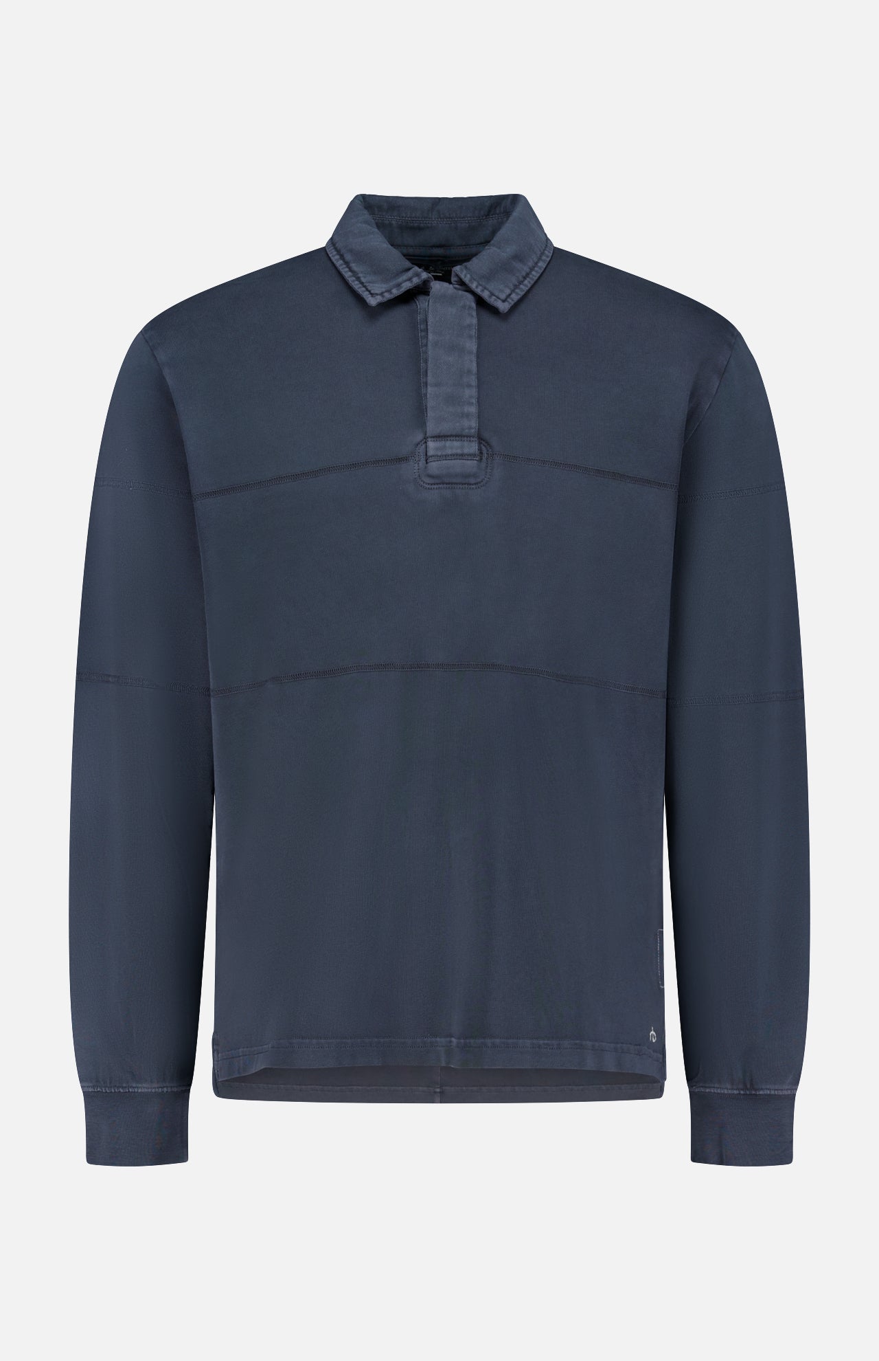 The RAG & BONE Washed Rugby Long Sleeve Polo Shirt features a dark blue cotton fabric, collared pullover design, short button placket, and subtle horizontal seams, shown against a plain white background.