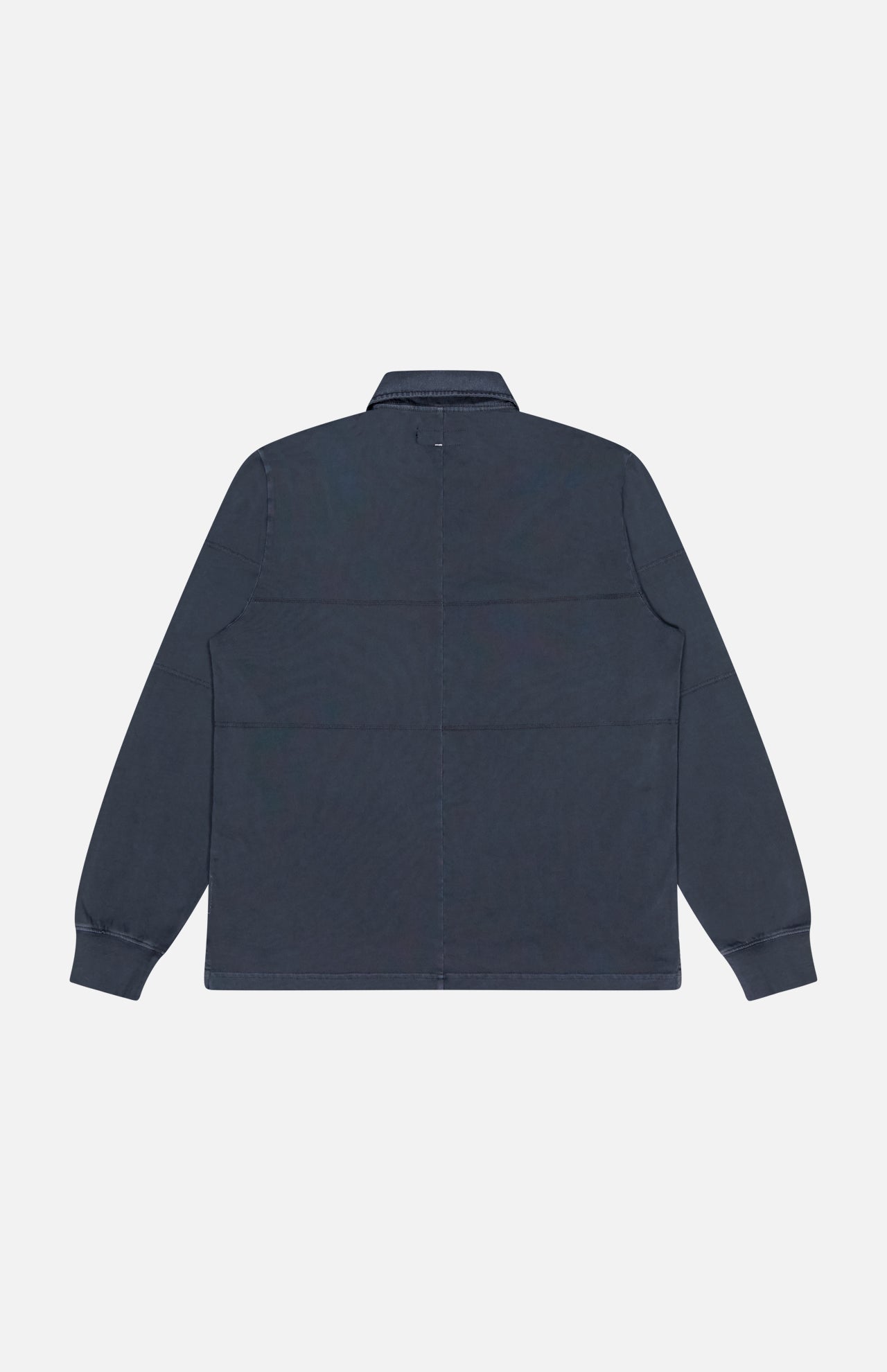 The RAG & BONE Washed Rugby Long Sleeve Polo Shirt in navy blue cotton is shown from the back, featuring a straight hem, flat collar, and buttoned cuffs against a plain white background.