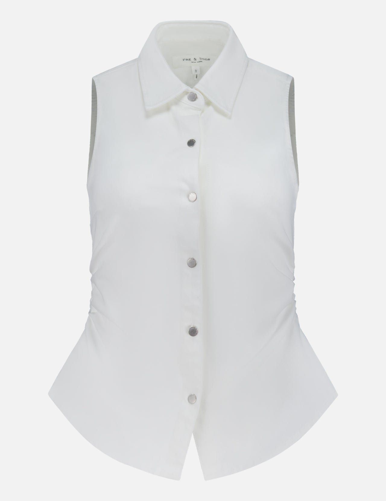 The Airflex Leah Ruched Side Tank Top by RAG & BONE is a sleeveless white tank featuring a fitted silhouette with ruched sides, shown against a plain white background.