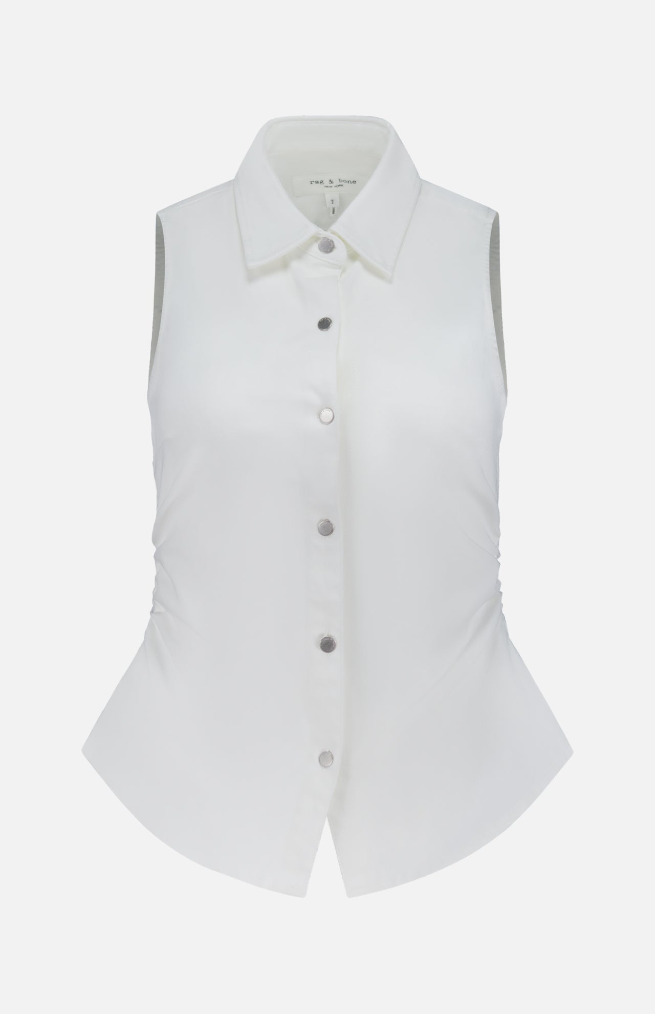 The Airflex Leah Ruched Side Tank Top by RAG & BONE is a sleeveless white tank featuring a fitted silhouette with ruched sides, shown against a plain white background.