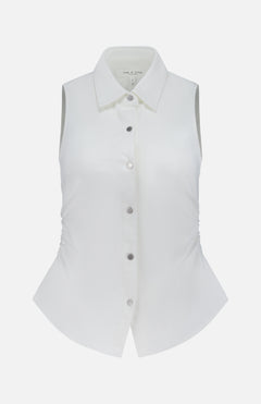 The Airflex Leah Ruched Side Tank Top by RAG & BONE is a sleeveless white tank featuring a fitted silhouette with ruched sides, shown against a plain white background.