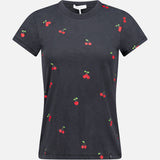 The All Over Cherry T-shirt by RAG & BONE features a black cherry print on soft Peruvian cotton, with small red cherries and green stems scattered across the fabric, shown on a plain white background.