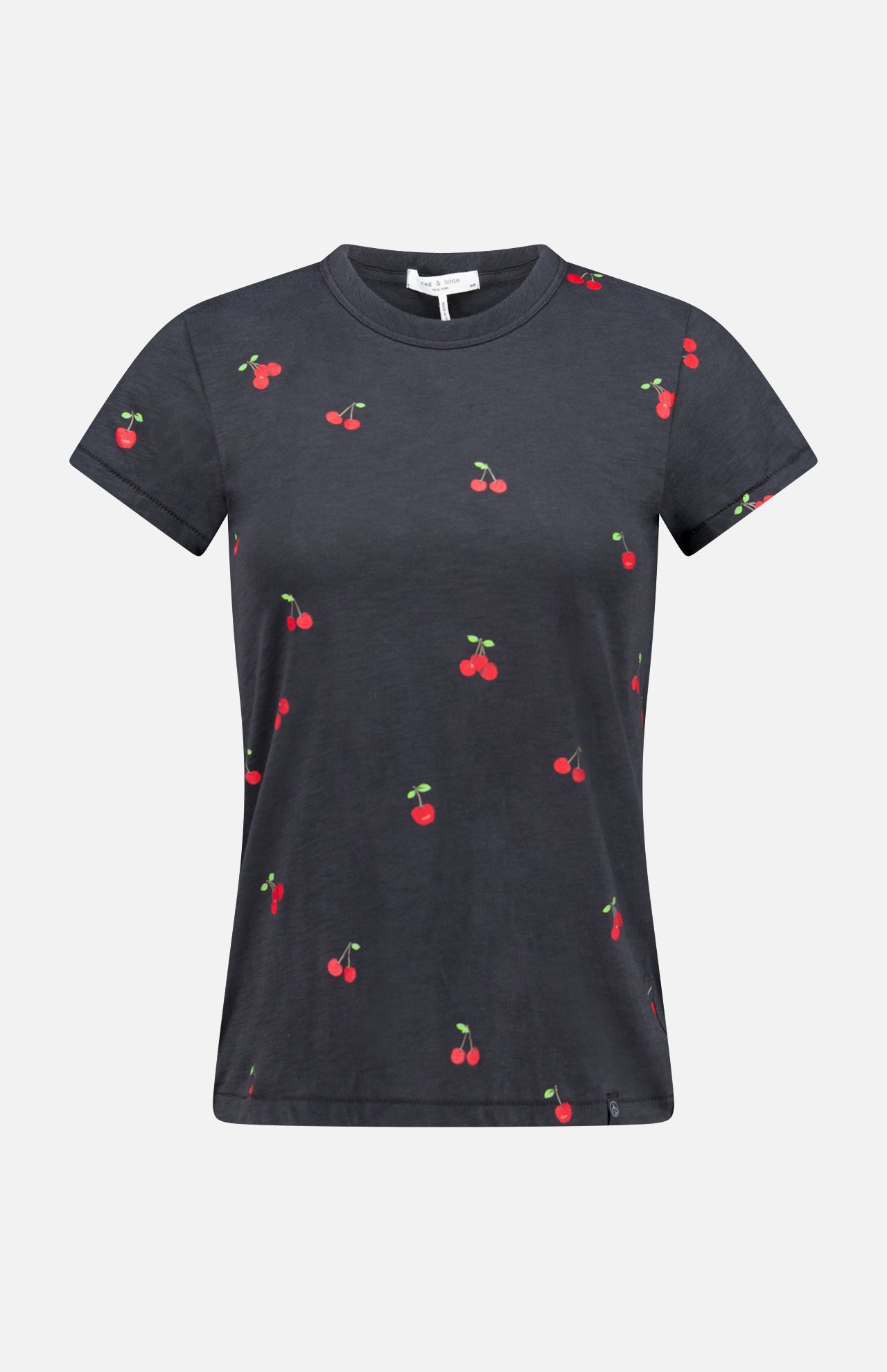 The All Over Cherry T-shirt by RAG & BONE features a black cherry print on soft Peruvian cotton, with small red cherries and green stems scattered across the fabric, shown on a plain white background.