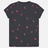 The RAG & BONE All Over Cherry T-shirt in dark gray Peruvian cotton features small red cherries with green stems printed across the fabric, and is shown laid flat with the back facing up.