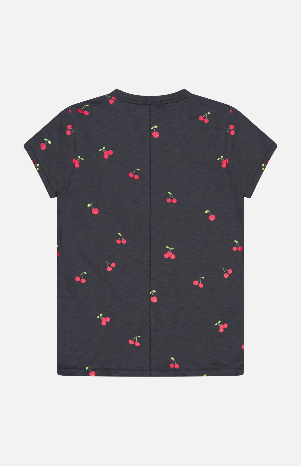 The RAG & BONE All Over Cherry T-shirt in dark gray Peruvian cotton features small red cherries with green stems printed across the fabric, and is shown laid flat with the back facing up.