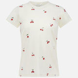 The All Over Cherry T-shirt by RAG & BONE is a white Peruvian cotton tee decorated with a scattered cherry print, featuring small red cherries and green stems across the fabric.