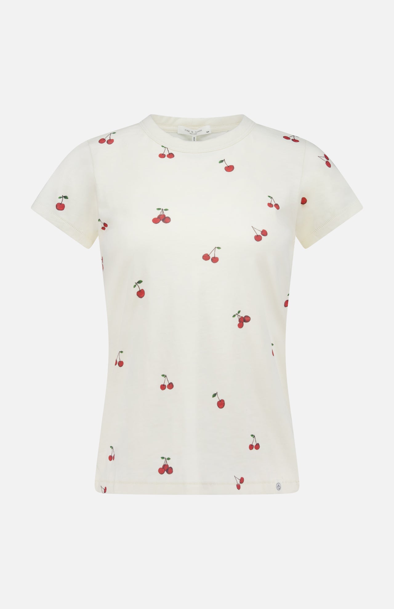 The All Over Cherry T-shirt by RAG & BONE is a white Peruvian cotton tee decorated with a scattered cherry print, featuring small red cherries and green stems across the fabric.