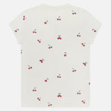 The RAG & BONE All Over Cherry T-shirt is a white Peruvian cotton tee featuring a scattered cherry print with green stems, shown laid flat with the back side facing up.