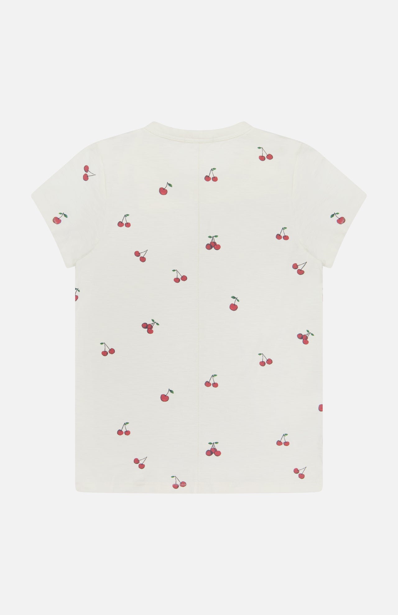 The RAG & BONE All Over Cherry T-shirt is a white Peruvian cotton tee featuring a scattered cherry print with green stems, shown laid flat with the back side facing up.