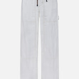 The Atlas Drawcord Linen Pant by RAG & BONE features a wide-leg, high-rise fit with visible front patch pockets, a brown drawstring waist, side loop, and slightly shiny white linen fabric for an elegant yet comfortable look.