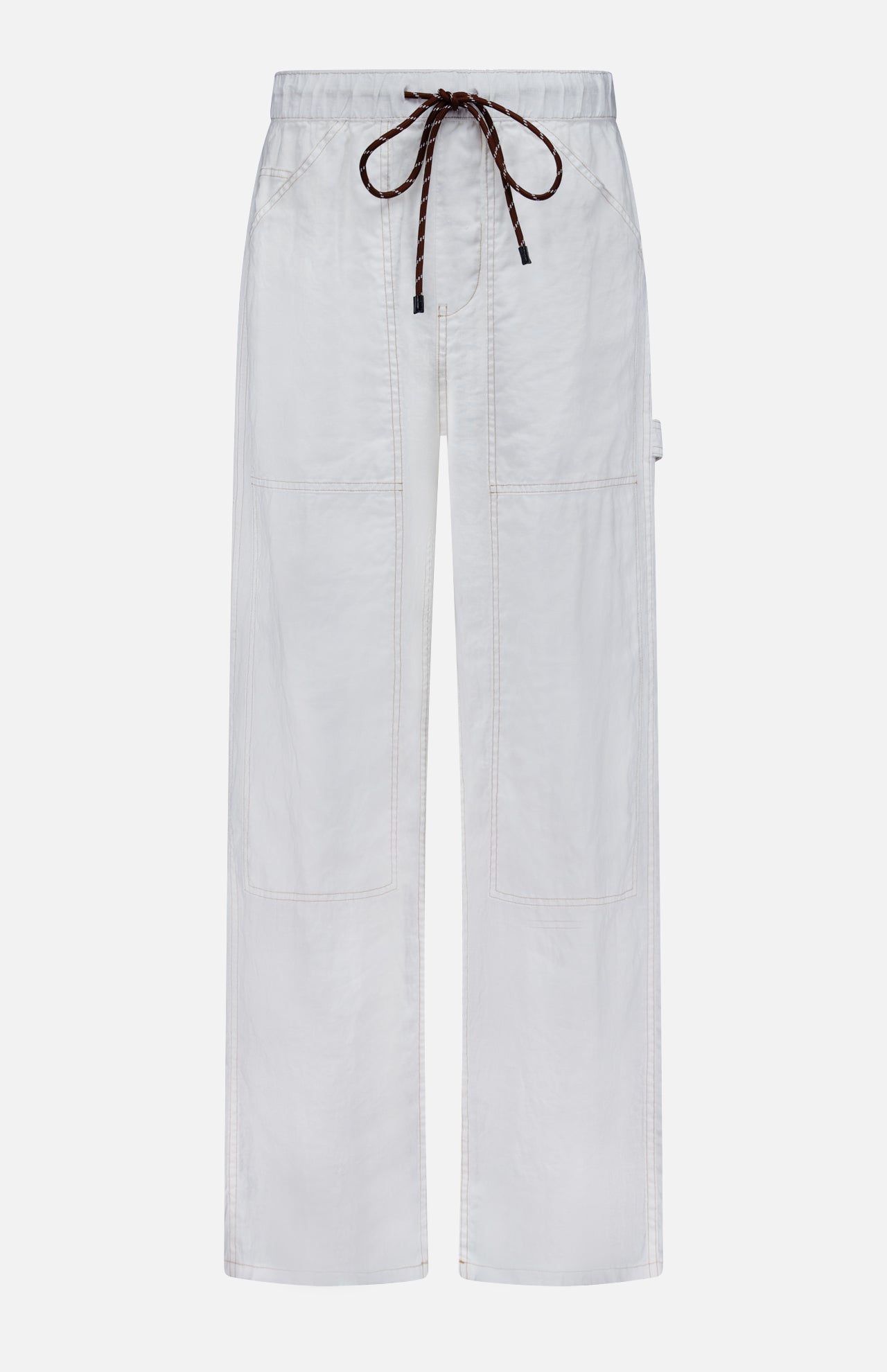 The Atlas Drawcord Linen Pant by RAG & BONE features a wide-leg, high-rise fit with visible front patch pockets, a brown drawstring waist, side loop, and slightly shiny white linen fabric for an elegant yet comfortable look.
