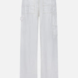The RAG & BONE Atlas Drawcord Linen Pant, shown from the back, features a high-rise wide-leg fit, elastic waistband, two large back pockets, a smaller side pocket, and lightweight textured linen fabric.