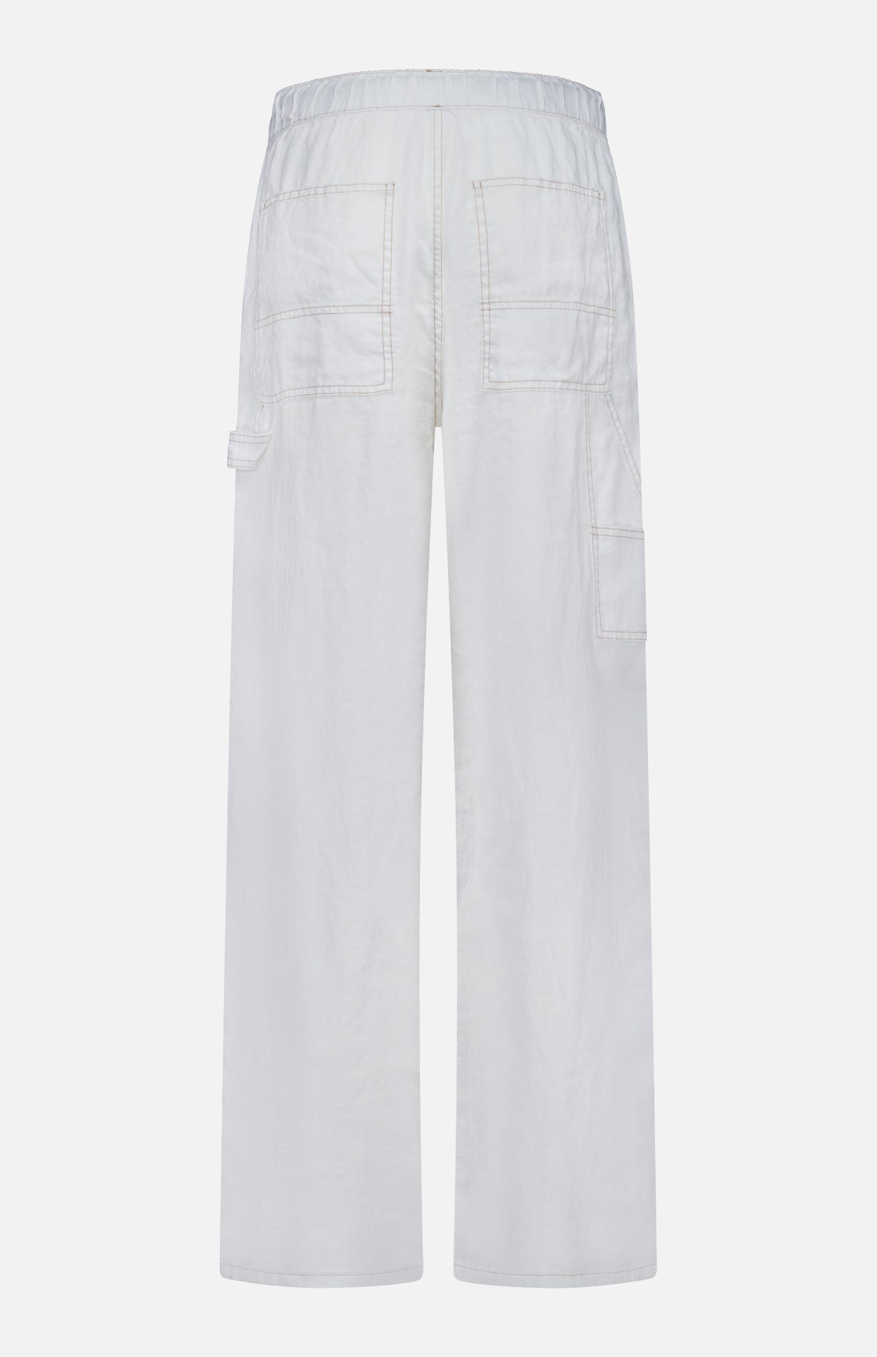 The RAG & BONE Atlas Drawcord Linen Pant, shown from the back, features a high-rise wide-leg fit, elastic waistband, two large back pockets, a smaller side pocket, and lightweight textured linen fabric.