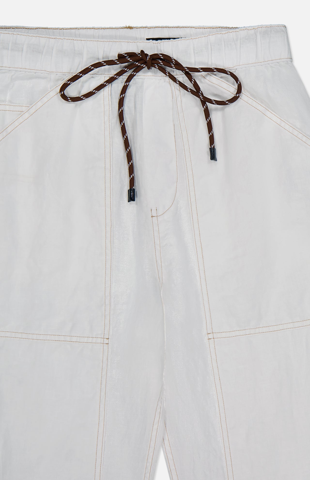 Close-up of the Atlas Drawcord Linen Pant by RAG & BONE: a high-rise white pant with visible stitching, black-tipped drawstring waist tied in a bow, lightweight fabric, and large front pockets.