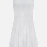 The RAG & BONE Ayan Mini Dress features a sleeveless white rib-knit bodice, scoop neckline, flared skirt, subtle pleats, and a textured hemline with fringe trim. Shown against a plain white background.