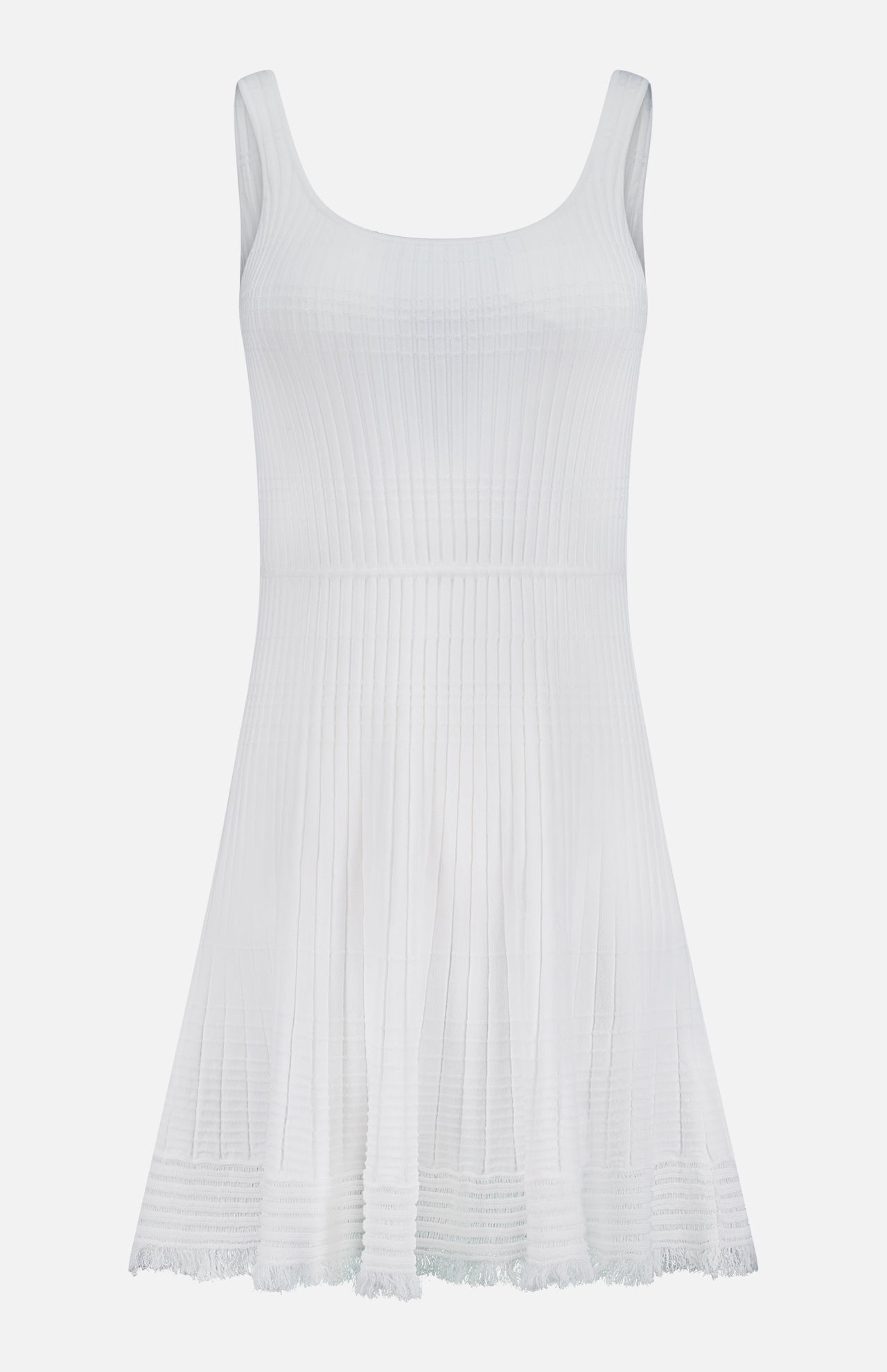 The RAG & BONE Ayan Mini Dress features a sleeveless white rib-knit bodice, scoop neckline, flared skirt, subtle pleats, and a textured hemline with fringe trim. Shown against a plain white background.