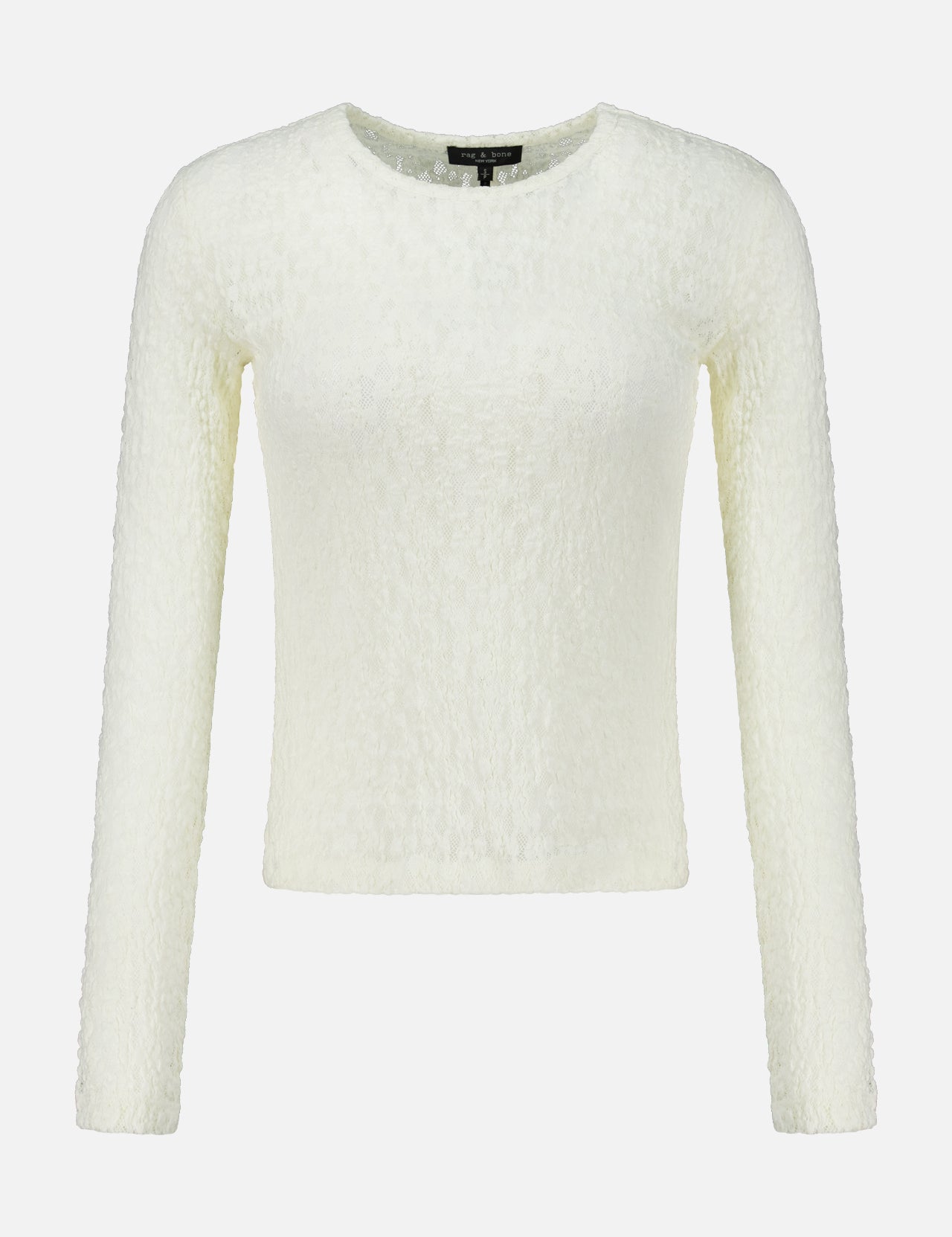 Rag & Bone Bardot Long Sleeve Top in cream-colored off-white lace with a textured, semi-sheer knit pattern, long sleeves, and a crew neckline.