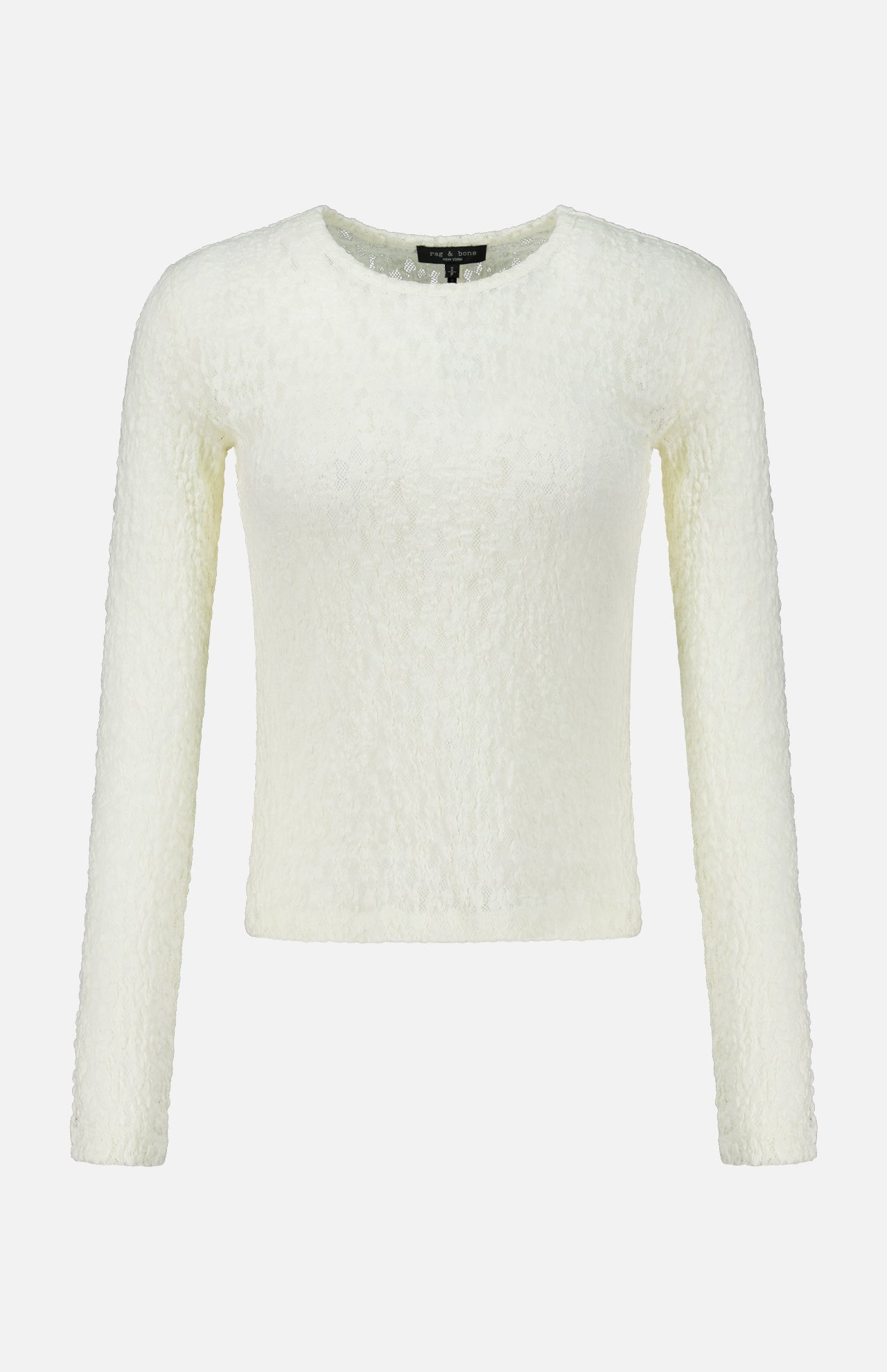 Rag & Bone Bardot Long Sleeve Top in cream-colored off-white lace with a textured, semi-sheer knit pattern, long sleeves, and a crew neckline.