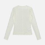 Back view of the Rag & Bone Bardot Long Sleeve Top in white, a semi-sheer fitted design featuring stretch lace and a crew neckline.