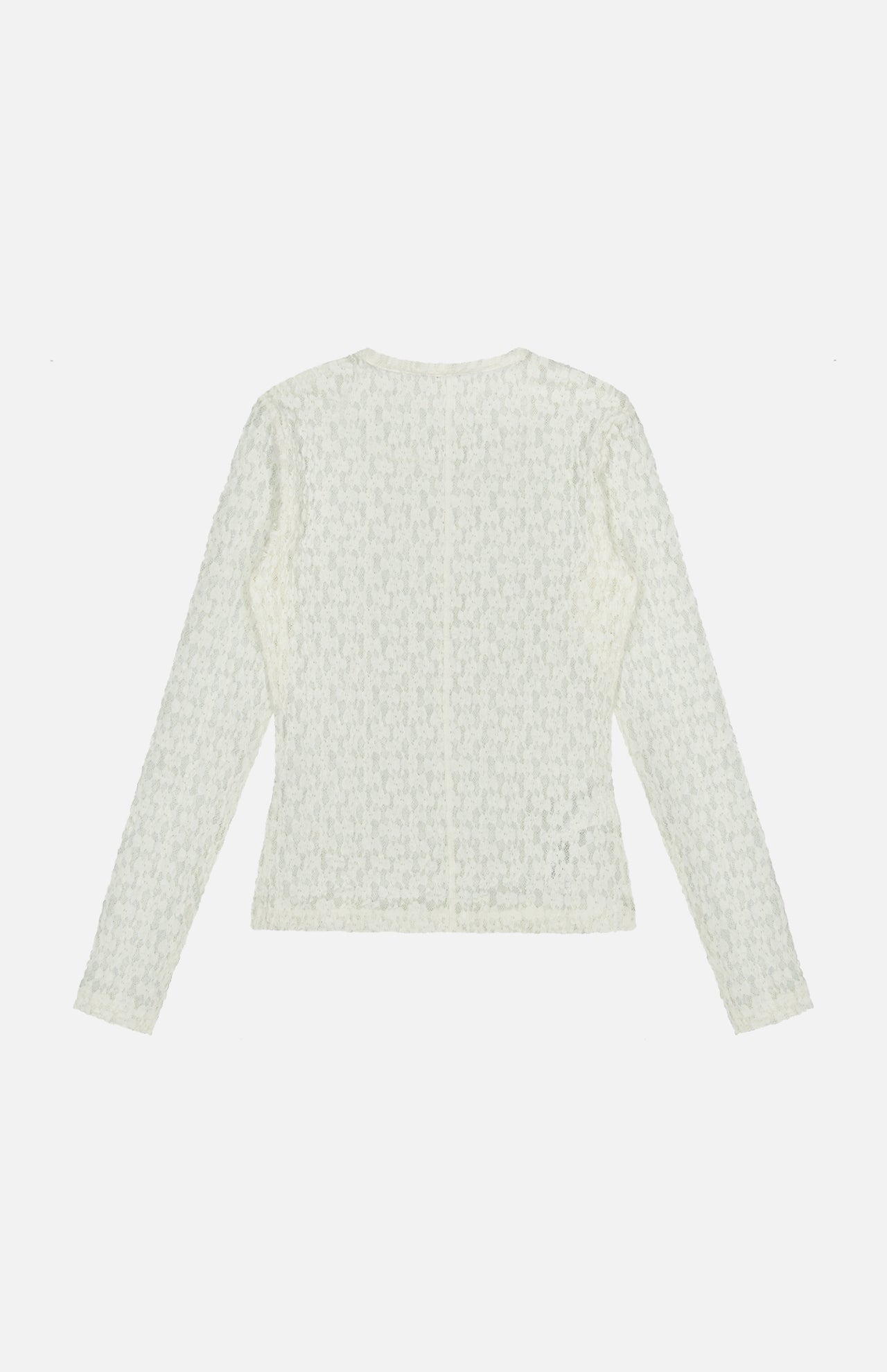 Back view of the Rag & Bone Bardot Long Sleeve Top in white, a semi-sheer fitted design featuring stretch lace and a crew neckline.