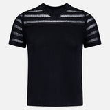 The RAG & BONE Britt Short Sleeve Crewneck T-shirt features drop-needle stripes forming sheer panels at the shoulders and sleeves, a solid black cotton-blend body, and a round neckline, shown on a plain white background.