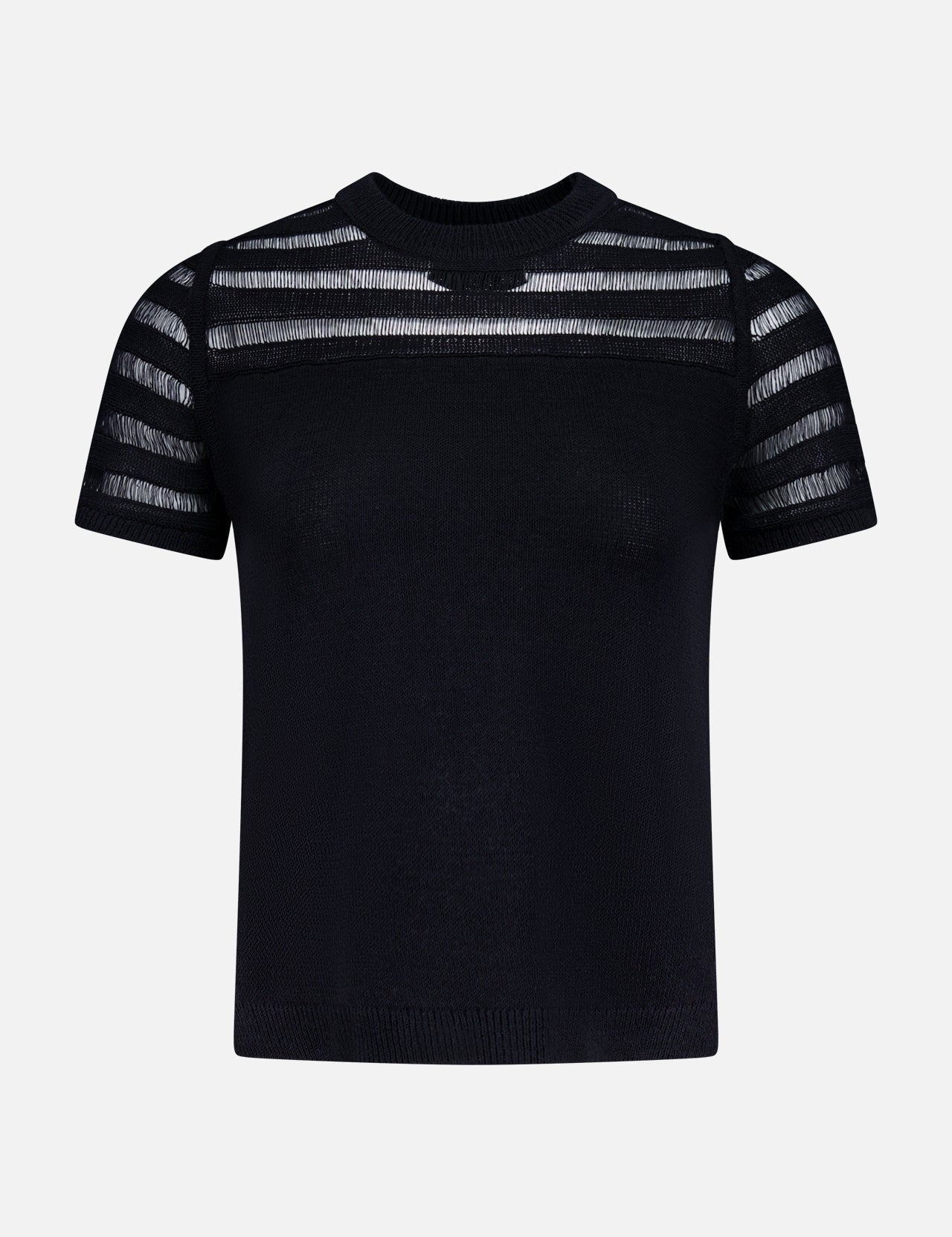 The RAG & BONE Britt Short Sleeve Crewneck T-shirt features drop-needle stripes forming sheer panels at the shoulders and sleeves, a solid black cotton-blend body, and a round neckline, shown on a plain white background.