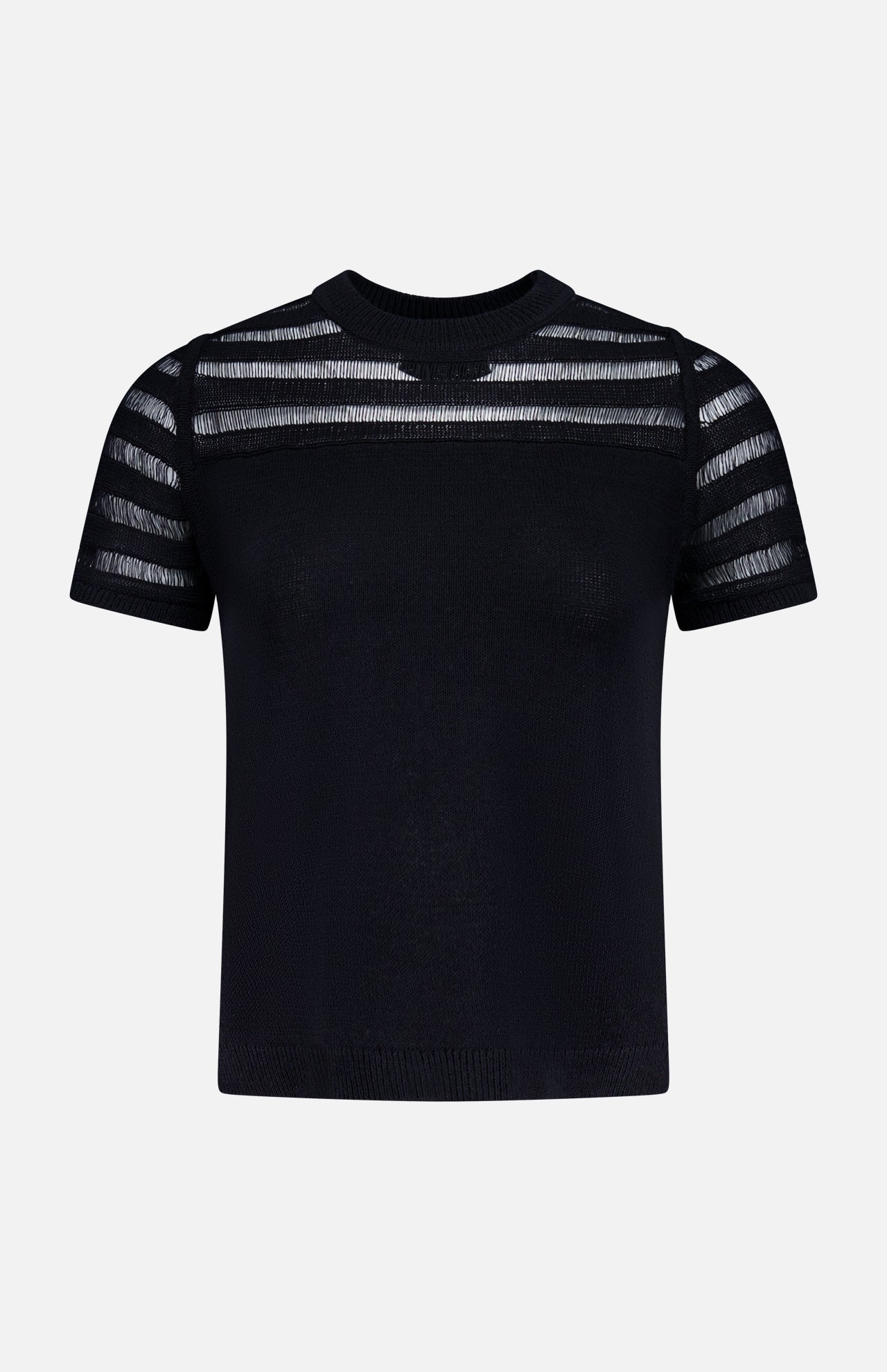 The RAG & BONE Britt Short Sleeve Crewneck T-shirt features drop-needle stripes forming sheer panels at the shoulders and sleeves, a solid black cotton-blend body, and a round neckline, shown on a plain white background.