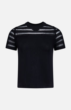 The RAG & BONE Britt Short Sleeve Crewneck T-shirt features drop-needle stripes forming sheer panels at the shoulders and sleeves, a solid black cotton-blend body, and a round neckline, shown on a plain white background.