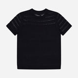 The RAG & BONE Britt Short Sleeve Crewneck T-shirt in black is crafted from lightweight cotton-blend fabric with drop-needle stripes, creating sheer horizontal accents on the upper back and sleeves. Shown flat on a white background.