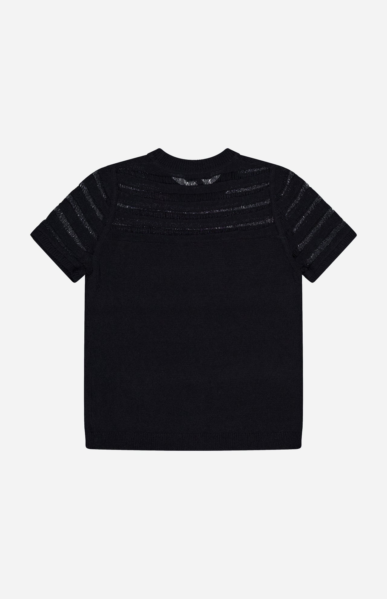 The RAG & BONE Britt Short Sleeve Crewneck T-shirt in black is crafted from lightweight cotton-blend fabric with drop-needle stripes, creating sheer horizontal accents on the upper back and sleeves. Shown flat on a white background.