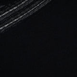 Close-up of a black lightweight cotton-blend Britt Short Sleeve Crewneck T-shirt by RAG & BONE, featuring sheer drop-needle stripes near the neckline and a small brand tag at the collar.