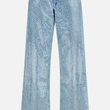 Cam Full Straight Jean in Dekalb Jewel: light wash, low-rise straight-leg jeans featuring a metallic mesh overlay.