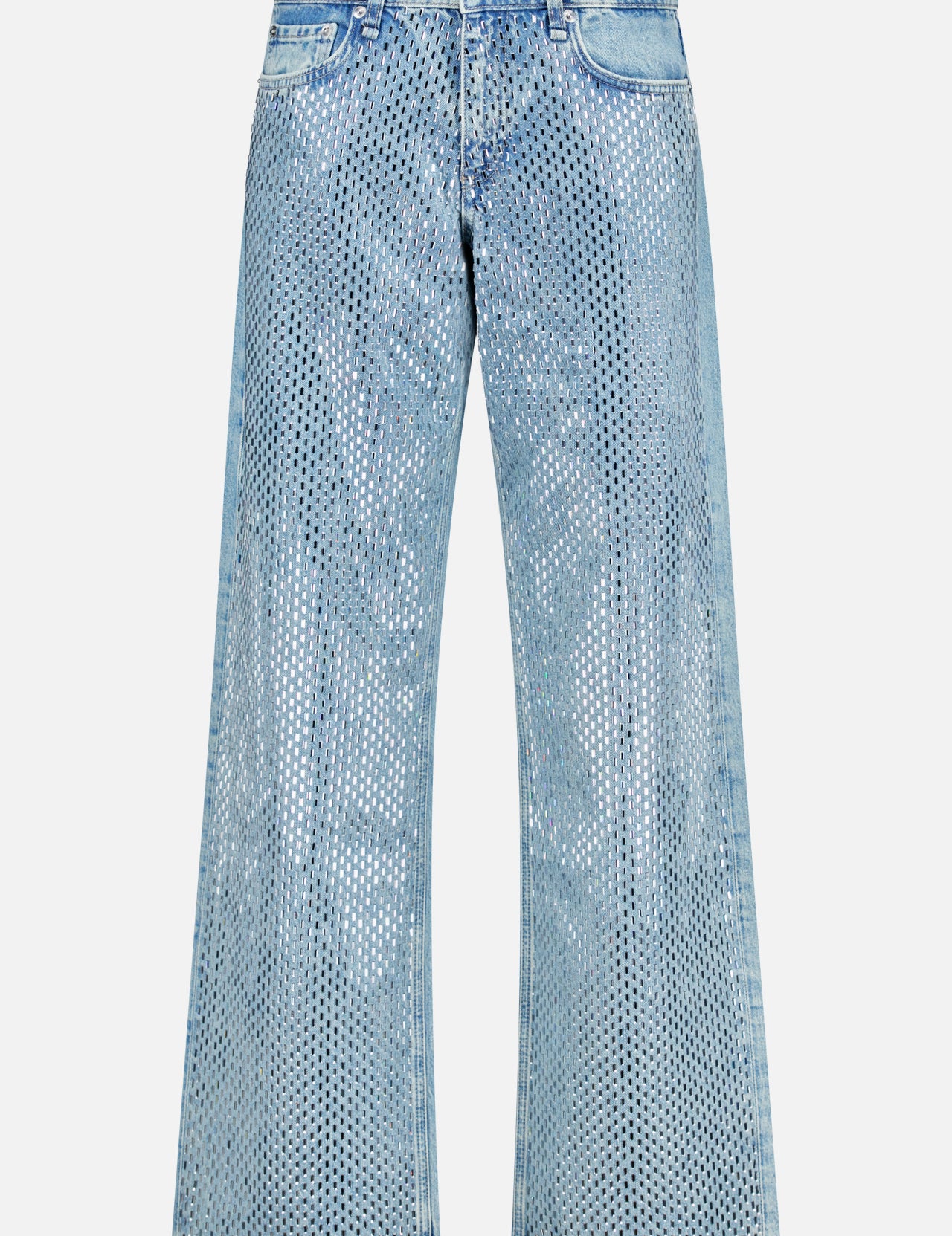Cam Full Straight Jean in Dekalb Jewel: light wash, low-rise straight-leg jeans featuring a metallic mesh overlay.