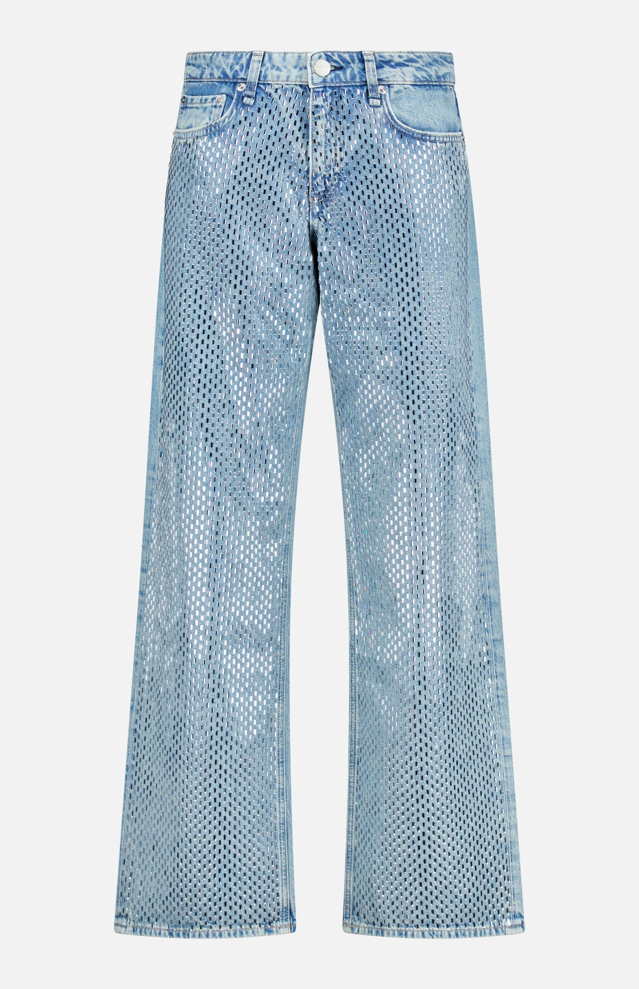 Cam Full Straight Jean in Dekalb Jewel: light wash, low-rise straight-leg jeans featuring a metallic mesh overlay.