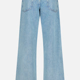 Back view of the RAG & BONE Cam Full Straight Jean in Dekalb Jewel, featuring low-rise, light-wash, straight-leg denim with two back pockets and a leather-look patch at the waist.