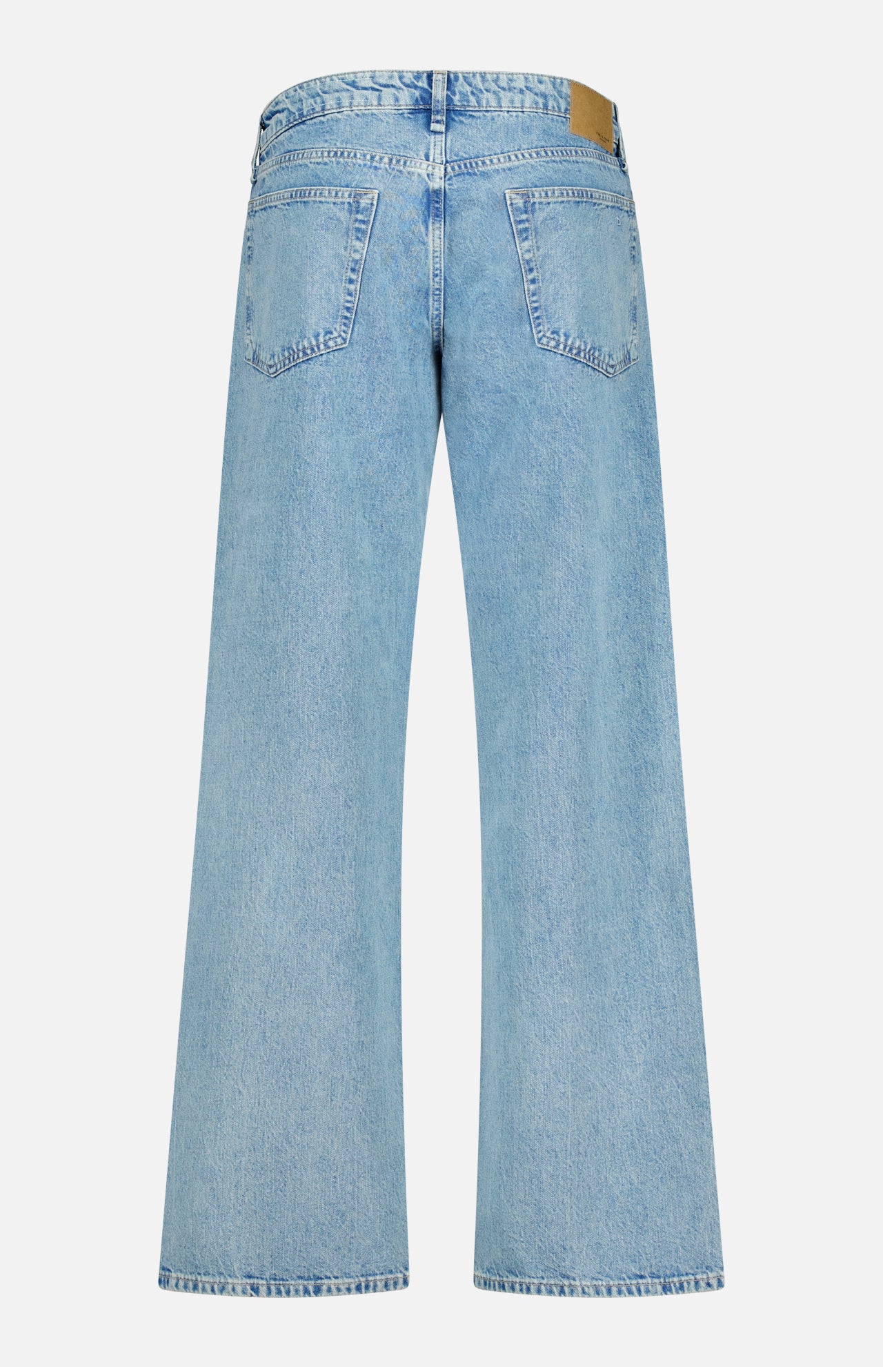 Back view of the RAG & BONE Cam Full Straight Jean in Dekalb Jewel, featuring low-rise, light-wash, straight-leg denim with two back pockets and a leather-look patch at the waist.