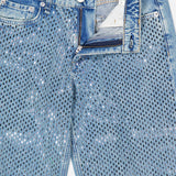 RAG & BONE Cam Full Straight Jean in Dekalb Jewel: light-wash blue straight leg jeans with an all-over pattern of silver rectangular embellishments and a partially unzipped fly.