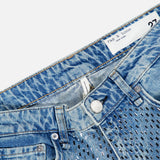 RAG & BONE Cam Full Straight Jean in Dekalb Jewel, featuring light wash blue denim with a studded front panel, baguette crystals, and a size 27 waistband label.