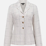 The RAG & BONE Chappell Plaid Linen Blazer features a light beige color with thin grey plaid lines, long sleeves, notched collar, and three brown front buttons. Displayed on a plain white background.