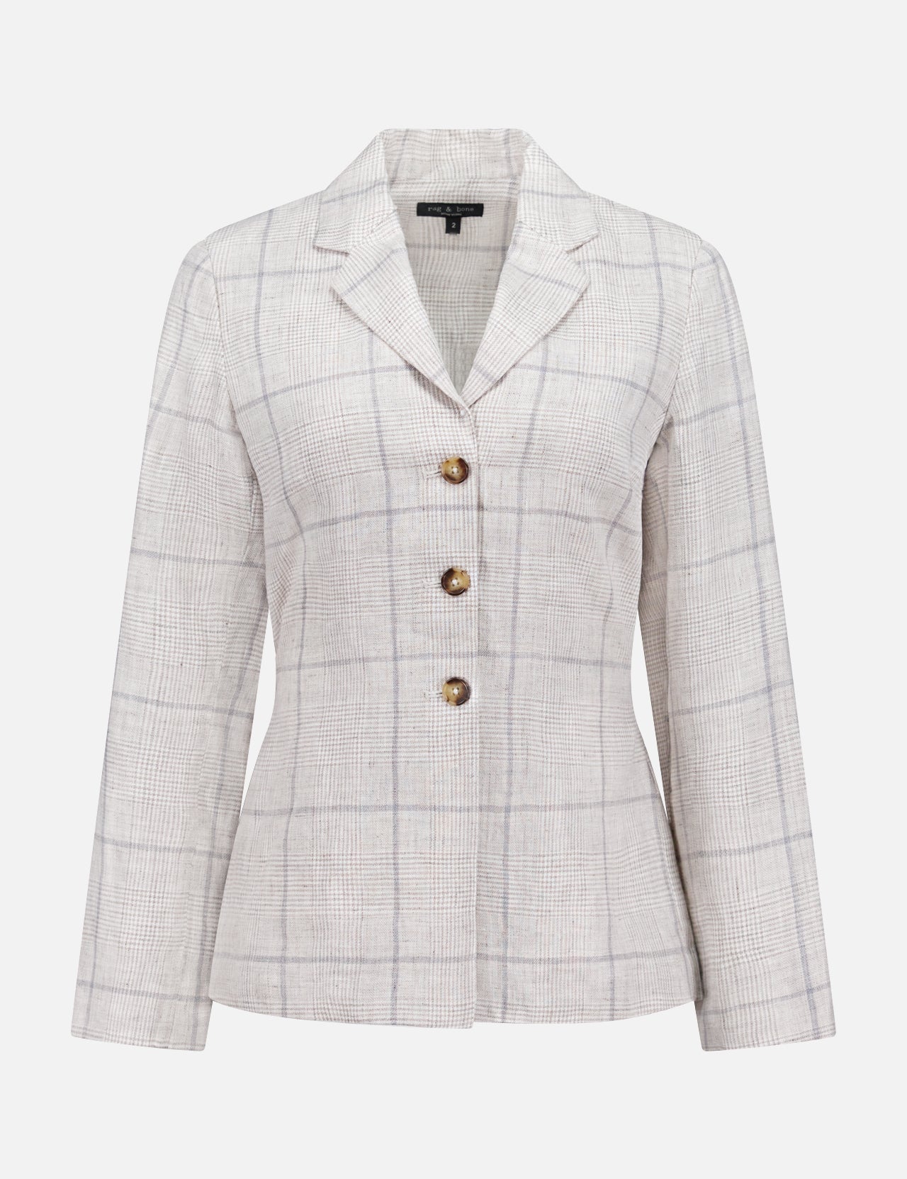 The RAG & BONE Chappell Plaid Linen Blazer features a light beige color with thin grey plaid lines, long sleeves, notched collar, and three brown front buttons. Displayed on a plain white background.