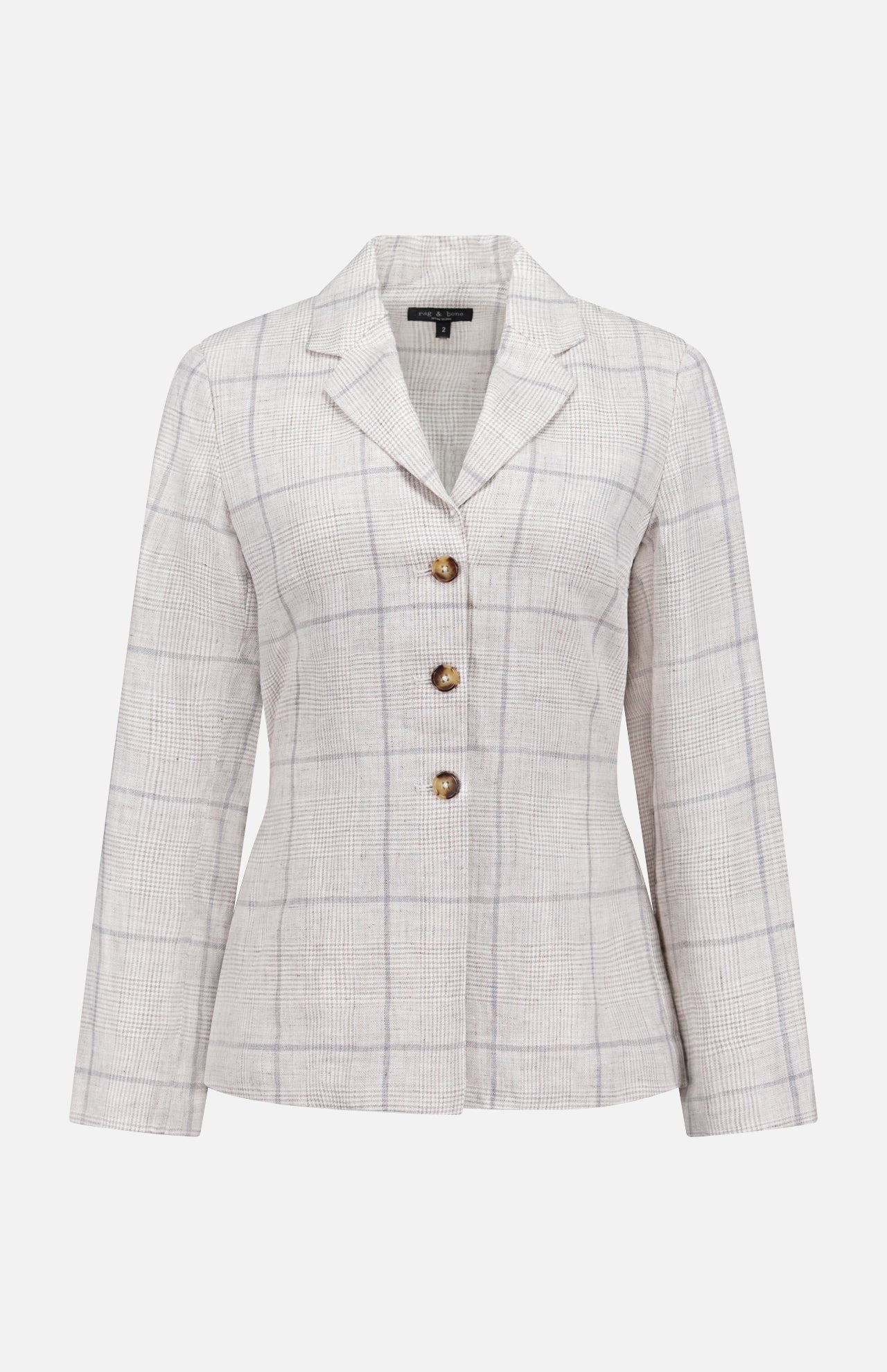 The RAG & BONE Chappell Plaid Linen Blazer features a light beige color with thin grey plaid lines, long sleeves, notched collar, and three brown front buttons. Displayed on a plain white background.