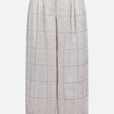 The RAG & BONE Chappell Plaid Linen Pant features a high-rise, wide-leg silhouette in light beige with a subtle gray plaid, front pleats, and side pockets, shown against a white background.