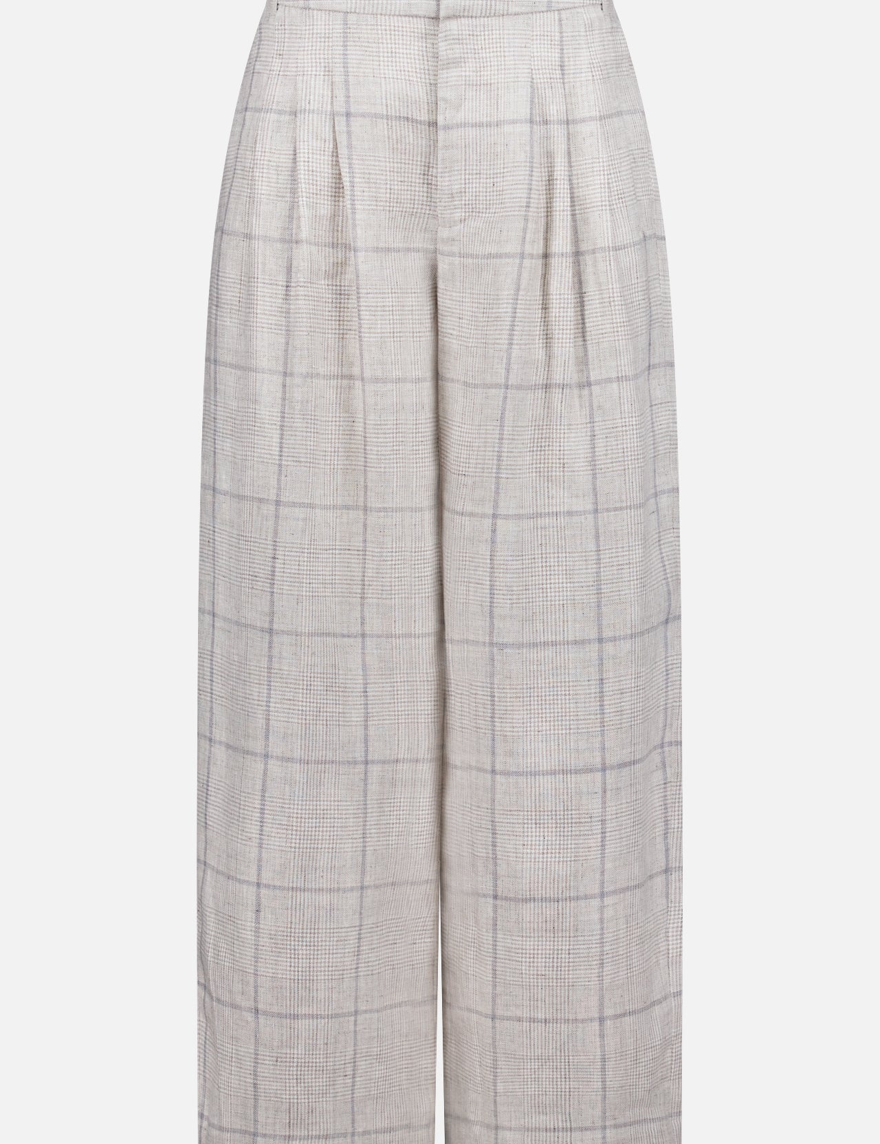 The RAG & BONE Chappell Plaid Linen Pant features a high-rise, wide-leg silhouette in light beige with a subtle gray plaid, front pleats, and side pockets, shown against a white background.