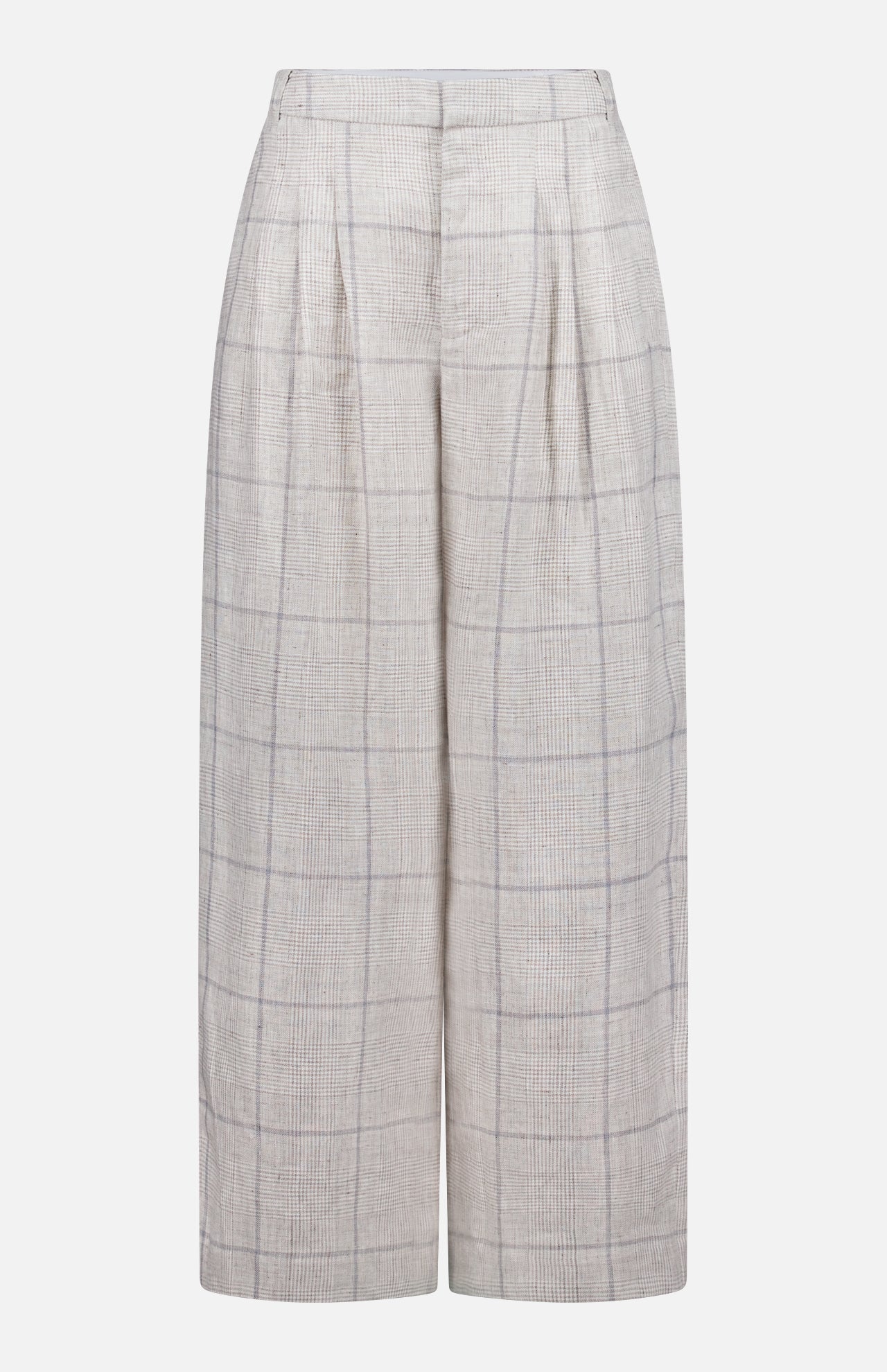 The RAG & BONE Chappell Plaid Linen Pant features a high-rise, wide-leg silhouette in light beige with a subtle gray plaid, front pleats, and side pockets, shown against a white background.