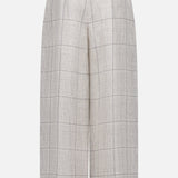 The RAG & BONE Chappell Plaid Linen Pant features a wide-leg, high-rise cropped silhouette in light grey plaid with a flat waistband and no visible fastenings or pockets.